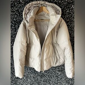 New Zara Beige Faux Leather Puffer Jacket Coat Crop Hoodie Size Large